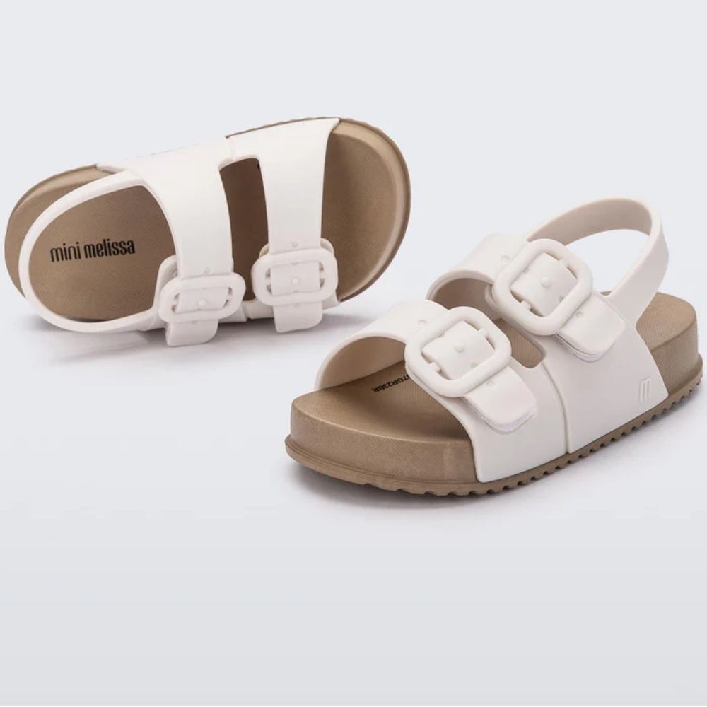 Mini Melissa White and Tan Sandals with Buckle Straps Size 5